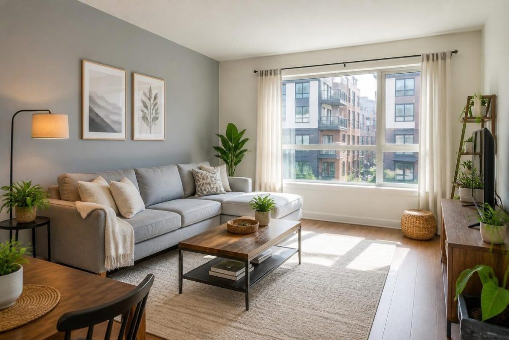 Sala de apartamento ordenada e iluminada, lista para las fotos de venta