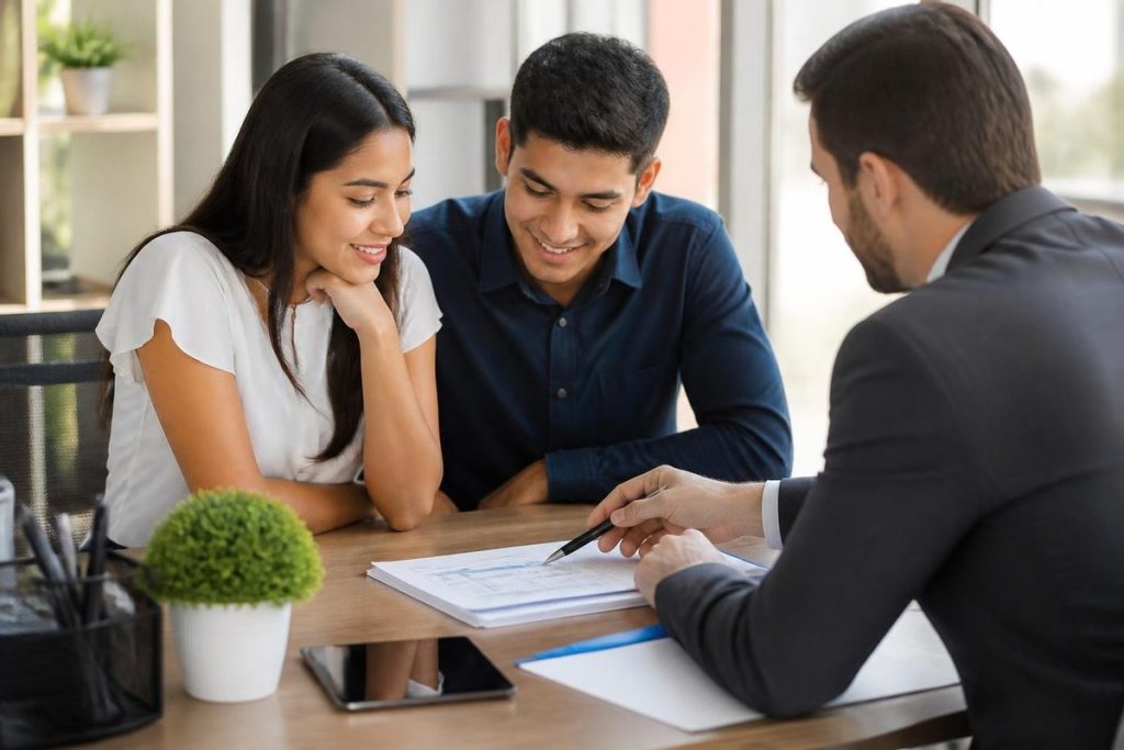 Pareja recibiendo asesoría para elegir entre leasing habitacional y crédito hipotecario