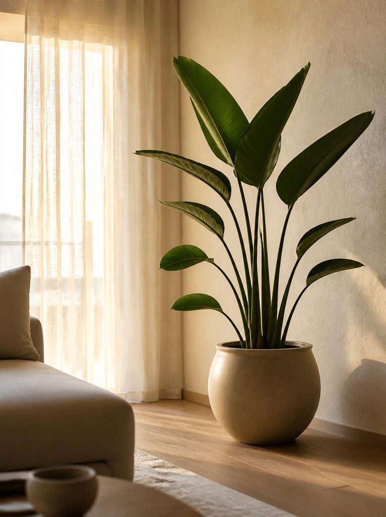 Rincón de una sala con una planta ave del paraíso junto a la ventana