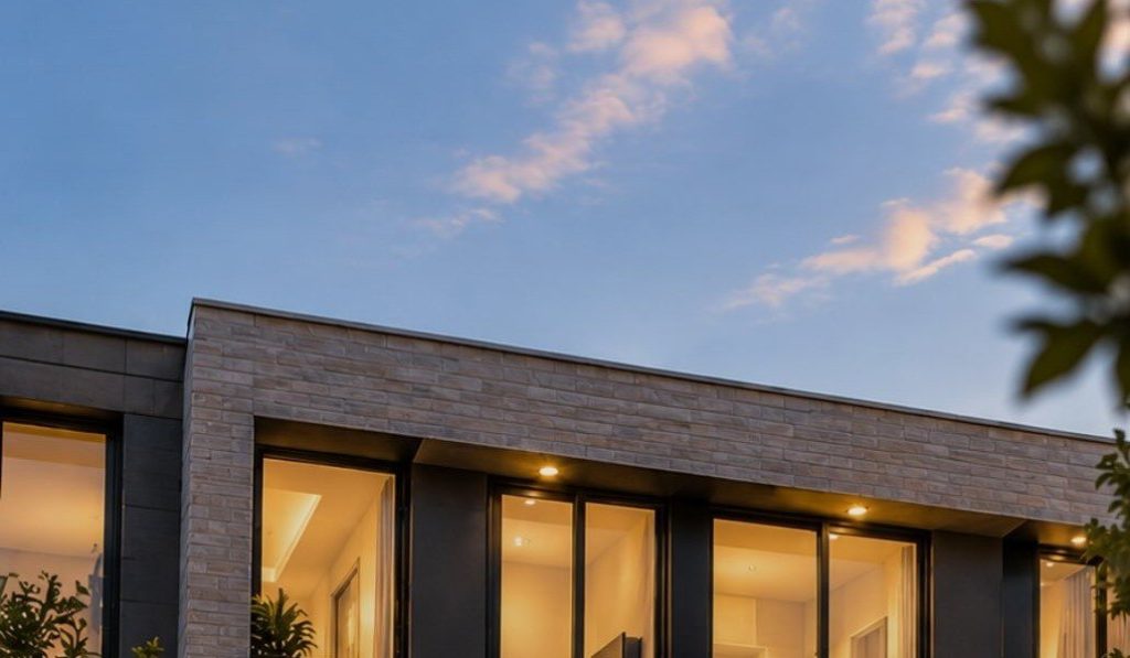 Render de la fachada de Villa Paula al anochecer