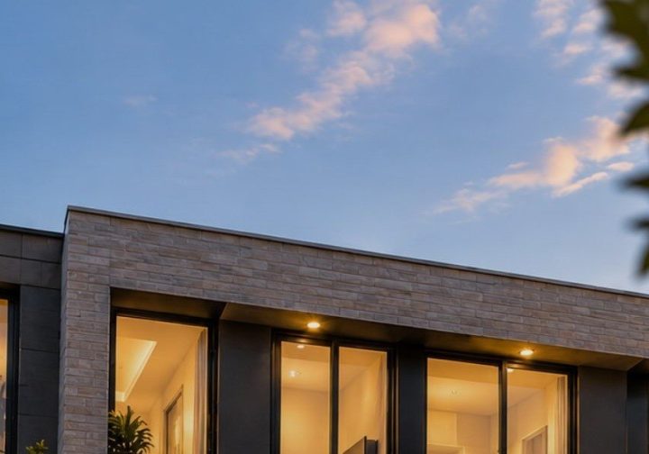 Render de la fachada de Villa Paula al anochecer