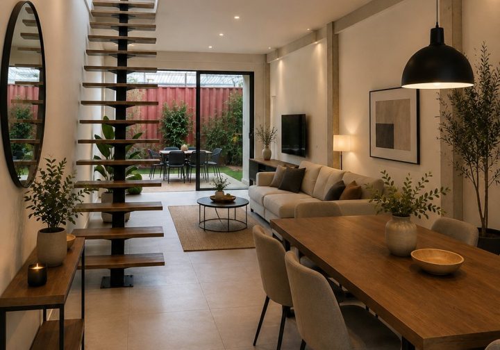 Render de la sala y el comedor de una casa de Villa Paula
